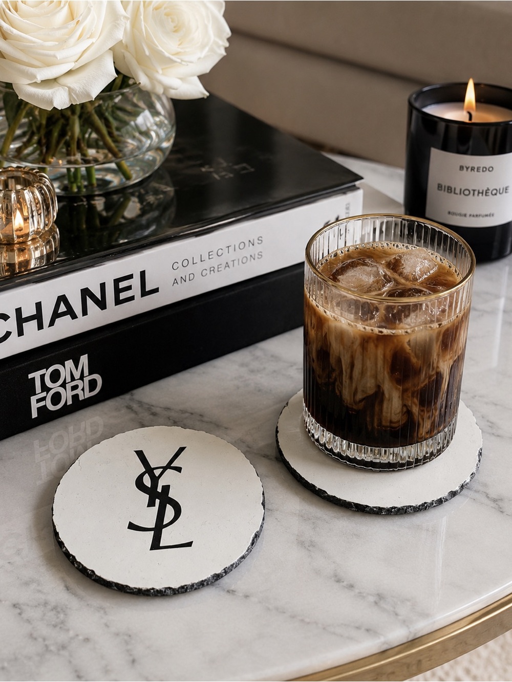 Luxury Slate Coaster Set With YSL logo
